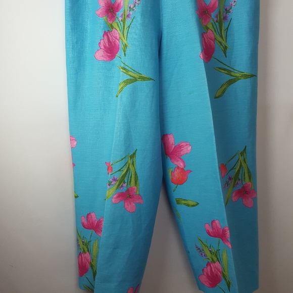 Talbots Linen tropical print pants Blue Floral - Picture 3 of 15